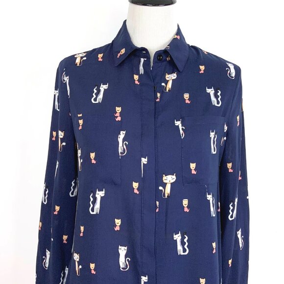 Whimsical Cat Print Navy Button Down Rayon/Viscose Shirt Blouse Sz M - Picture 3 of 16